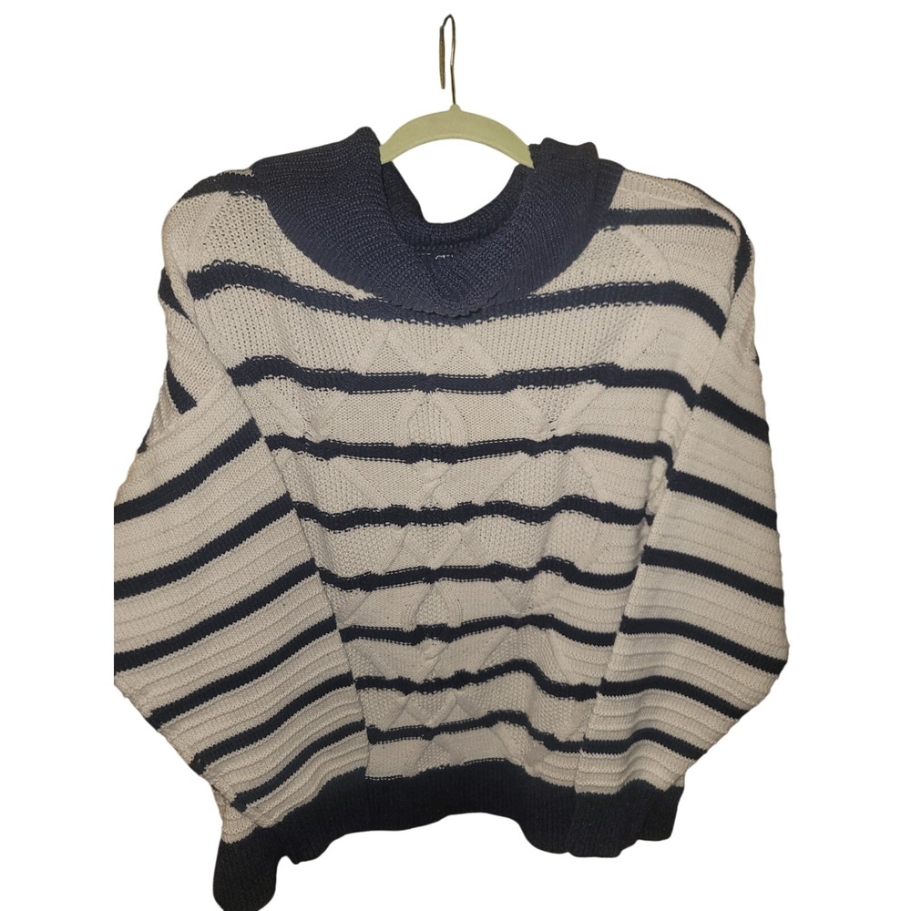 Chaps Womens XL Navy Cream Striped Cable Knit Mock Neck Sweater Nautical Cozy